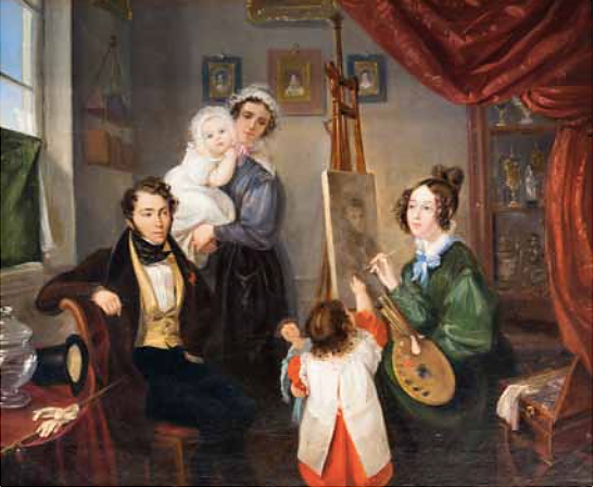 Anselm Salomon de Rothschild avec sa famille - par Charlotte Nathan Rothschild, son épouse - 1838 - On peut voir une partie de la collection de Anselm Salomon von Rothschild derrière elle